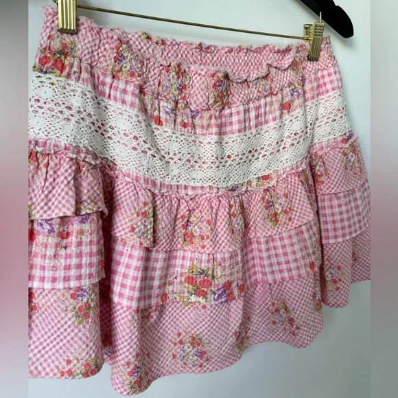LoveShackFancy Pink Floral Tiered Mini Skirt - Picture 7 of 12